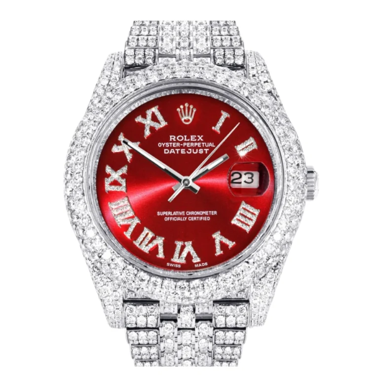 Diamond Iced Out Rolex Datejust 25 Carats Of Diamonds Custom Red Roman Numeral Diamond Dial Two Row Jubilee Band Replica