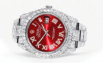 Diamond Iced Out Rolex Datejust 25 Carats Of Diamonds Custom Red Roman Numeral Diamond Dial Two Row Oyster Band Replica