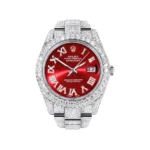 Diamond Iced Out Rolex Datejust 25 Carats Of Diamonds Custom Red Roman Numeral Diamond Dial Two Row Oyster Band Replica