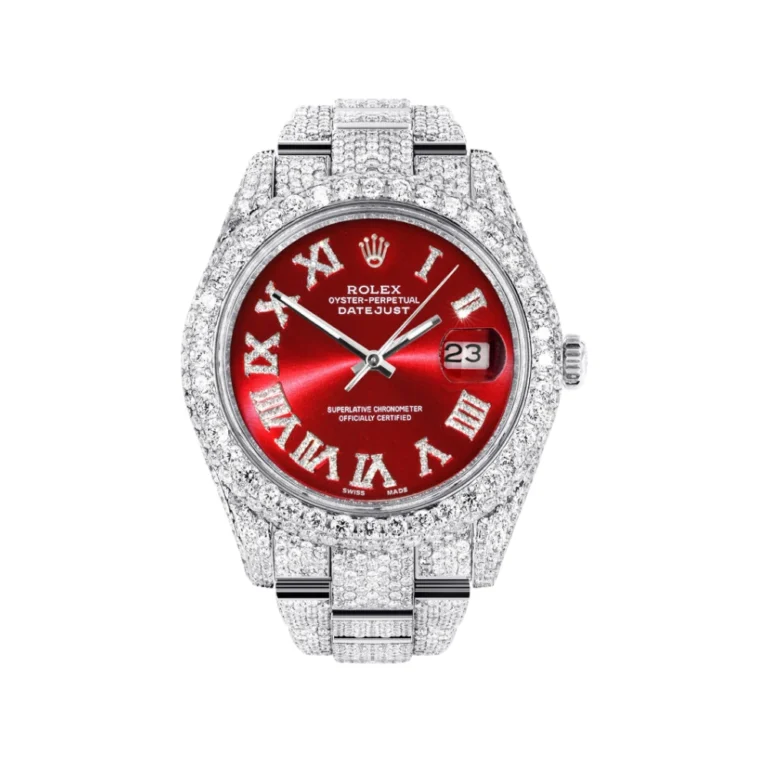 Diamond Iced Out Rolex Datejust 25 Carats Of Diamonds Custom Red Roman Numeral Diamond Dial Two Row Oyster Band Replica