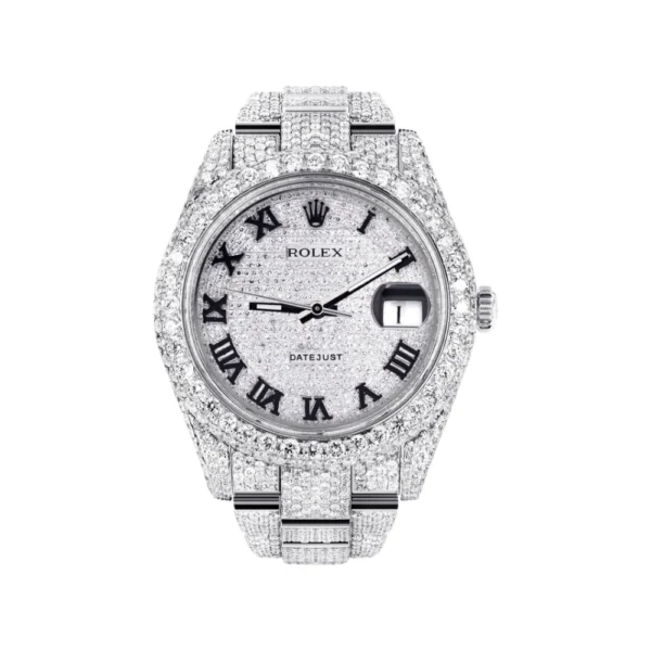 Diamond Iced Out Rolex Datejust 25 Carats Of Diamonds Custom Roman Numeral Diamond Dial Two Row Oyster Band Replica
