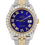 Diamond Iced Out Rolex Datejust 25 Carats Of Diamonds Custom Royal Blue Roman Numeral Diamond Dial Replica