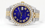 Diamond Iced Out Rolex Datejust 25 Carats Of Diamonds Custom Royal Blue Roman Numeral Diamond Dial Replica