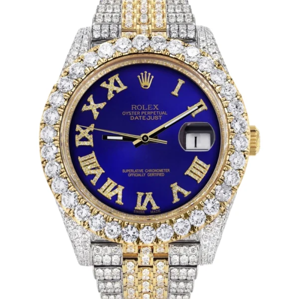 Diamond Iced Out Rolex Datejust 25 Carats Of Diamonds Custom Royal Blue Roman Numeral Diamond Dial Replica