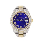 Diamond Iced Out Rolex Datejust 25 Carats Of Diamonds Custom Royal Blue Roman Numeral Diamond Dial Two Tone Replica