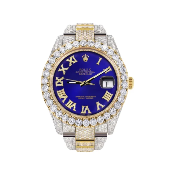 Diamond Iced Out Rolex Datejust 25 Carats Of Diamonds Custom Royal Blue Roman Numeral Diamond Dial Two Tone Replica