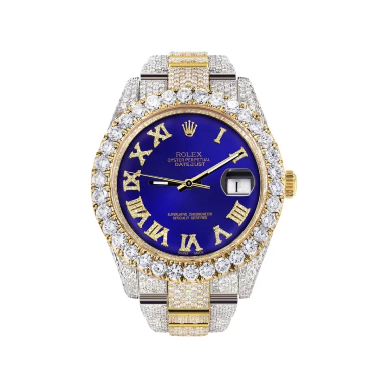 Diamond Iced Out Rolex Datejust 25 Carats Of Diamonds Custom Royal Blue Roman Numeral Diamond Dial Two Tone Replica