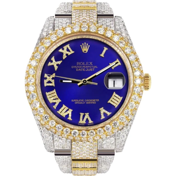 Diamond Iced Out Rolex Datejust 25 Carats Of Diamonds Custom Royal Blue Roman Numeral Diamond Dial Replica