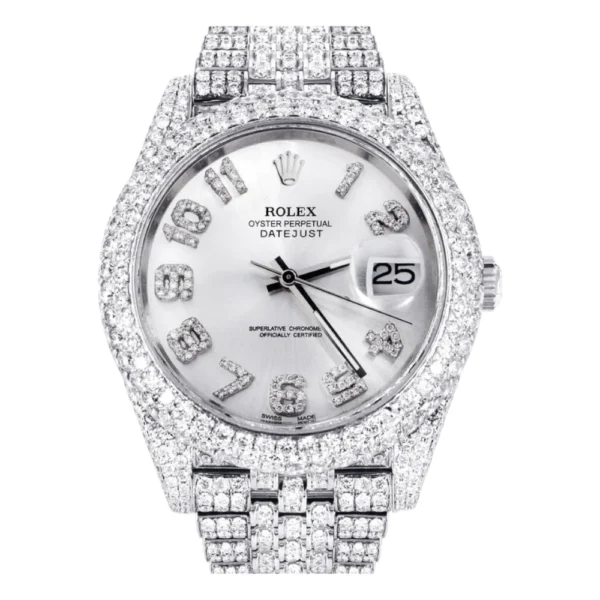 Diamond Iced Out Rolex Datejust 25 Carats Of Diamonds Custom Silver Diamond Dial Two Row Jubilee Band Replica