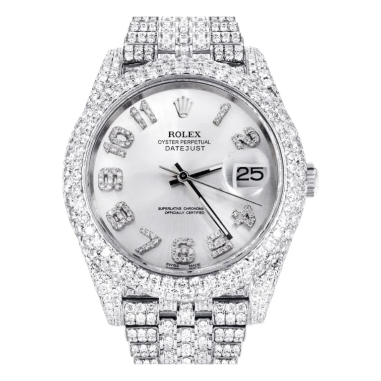 Diamond Iced Out Rolex Datejust 25 Carats Of Diamonds Custom Silver Diamond Dial Two Row Jubilee Band Replica