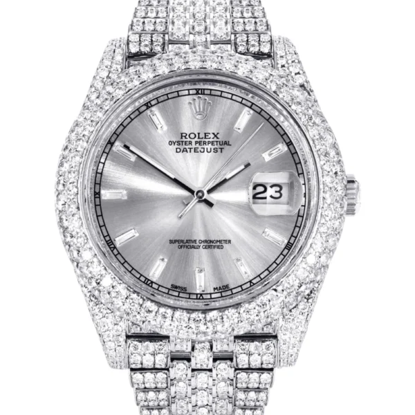Diamond Iced Out Rolex Datejust 25 Carats Of Diamonds Custom Silver Diamond Dial Two Row Jubilee Band Replica