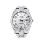 Diamond Iced Out Rolex Datejust 25 Carats Of Diamonds Custom Silver Diamond Dial Two Row Oyster Band Replica