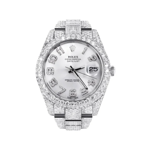 Diamond Iced Out Rolex Datejust 25 Carats Of Diamonds Custom Silver Diamond Dial Two Row Oyster Band Replica