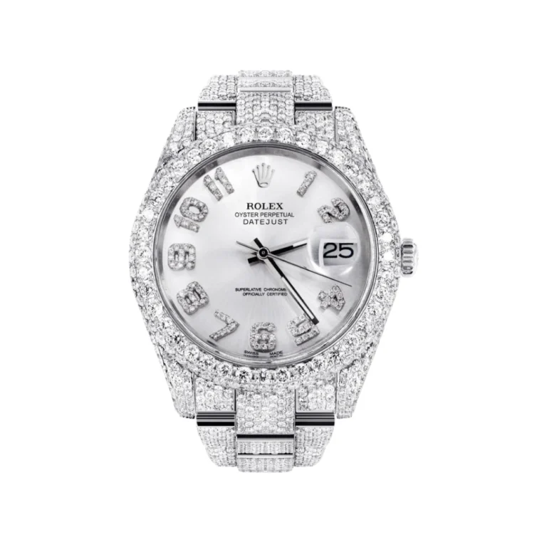 Diamond Iced Out Rolex Datejust 25 Carats Of Diamonds Custom Silver Diamond Dial Two Row Oyster Band Replica