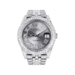 Diamond Iced Out Rolex Datejust 25 Carats Of Diamonds Custom Silver Roman Numeral Diamond Dial Two Row Jubilee Band Replica