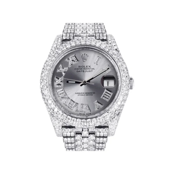 Diamond Iced Out Rolex Datejust 25 Carats Of Diamonds Custom Silver Roman Numeral Diamond Dial Two Row Jubilee Band Replica