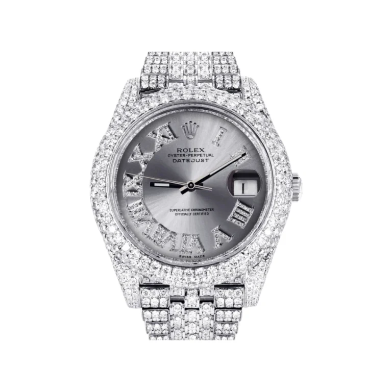 Diamond Iced Out Rolex Datejust 25 Carats Of Diamonds Custom Silver Roman Numeral Diamond Dial Two Row Jubilee Band Replica