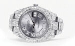 Diamond Iced Out Rolex Datejust 25 Carats Of Diamonds Custom Silver Roman Numeral Diamond Dial Two Row Oyster Band Replica