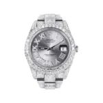 Diamond Iced Out Rolex Datejust 25 Carats Of Diamonds Custom Silver Roman Numeral Diamond Dial Two Row Oyster Band Replica
