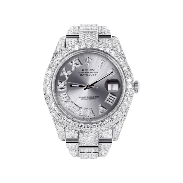 Diamond Iced Out Rolex Datejust 25 Carats Of Diamonds Custom Silver Roman Numeral Diamond Dial Two Row Oyster Band Replica