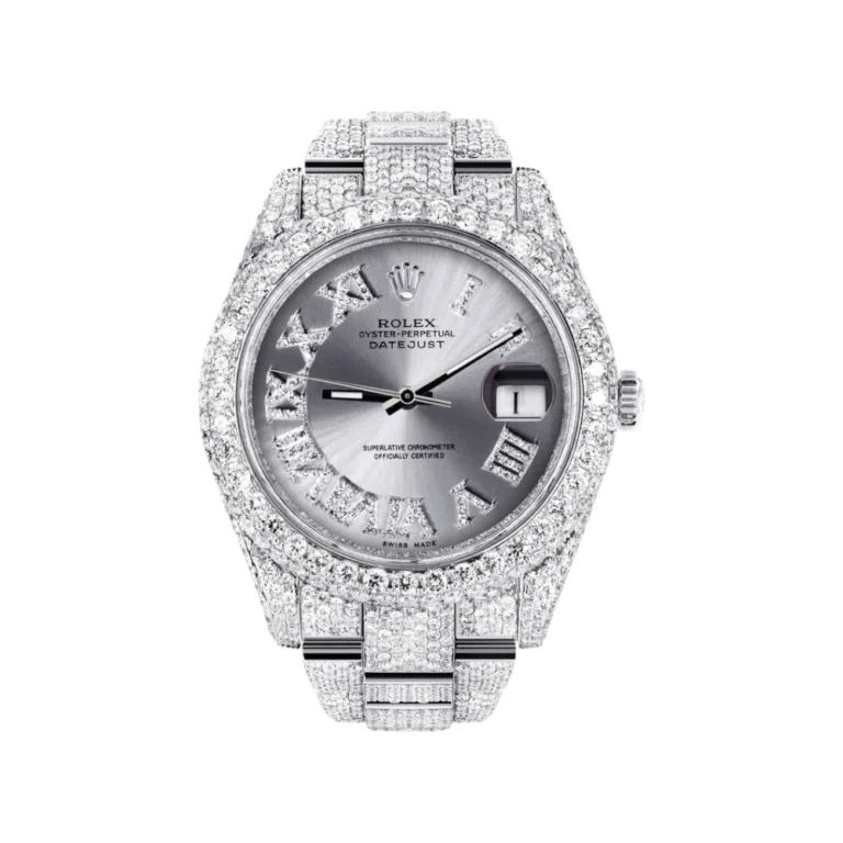 Diamond Iced Out Rolex Datejust 25 Carats Of Diamonds Custom Silver Roman Numeral Diamond Dial Two Row Oyster Band Replica