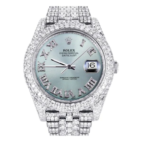 Diamond Iced Out Rolex Datejust 25 Carats Of Diamonds Custom Teal Roman Diamond Dial Two Row Jubilee Band Replica