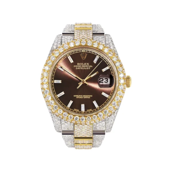 Diamond Iced Out Rolex Datejust 25 Carats Of Diamonds Morocco Brown Dial Two Tone Two Row Replica