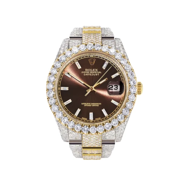 Diamond Iced Out Rolex Datejust 25 Carats Of Diamonds Morocco Brown Diamond Dial Two Tone Replica