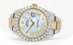 Diamond Iced Out Rolex Datejust 25 Carats Of Diamonds Mother Of Pearl Dial Two Tone Oyster Band Replica