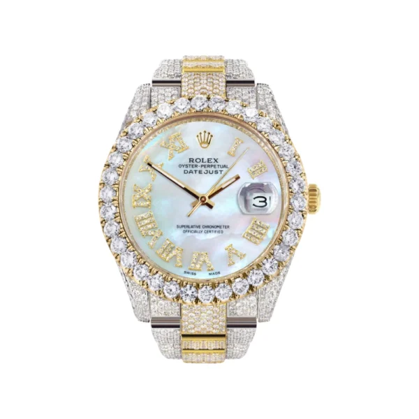 Diamond Iced Out Rolex Datejust 25 Carats Of Diamonds Mother Of Pearl Dial Two Tone Oyster Band Replica