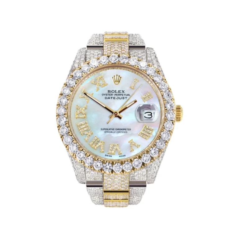 Diamond Iced Out Rolex Datejust 25 Carats Of Diamonds Mother Of Pearl Dial Two Tone Oyster Band Replica