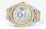 Diamond Iced Out Rolex Datejust 25 Carats Of Diamonds Mother Of Pearl Dial Two Tone Two Row Jubilee Band Replica