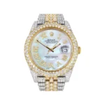 Diamond Iced Out Rolex Datejust 25 Carats Of Diamonds Mother Of Pearl Dial Two Tone Two Row Jubilee Band Replica