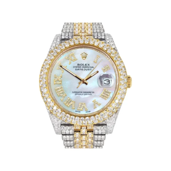 Diamond Iced Out Rolex Datejust 25 Carats Of Diamonds Mother Of Pearl Dial Two Tone Two Row Jubilee Band Replica