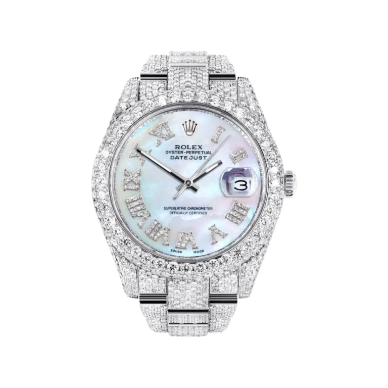 Diamond Iced Out Rolex Datejust 25 Carats Of Diamonds Mother of Pearl Dial Two Row Oyster Band Replica