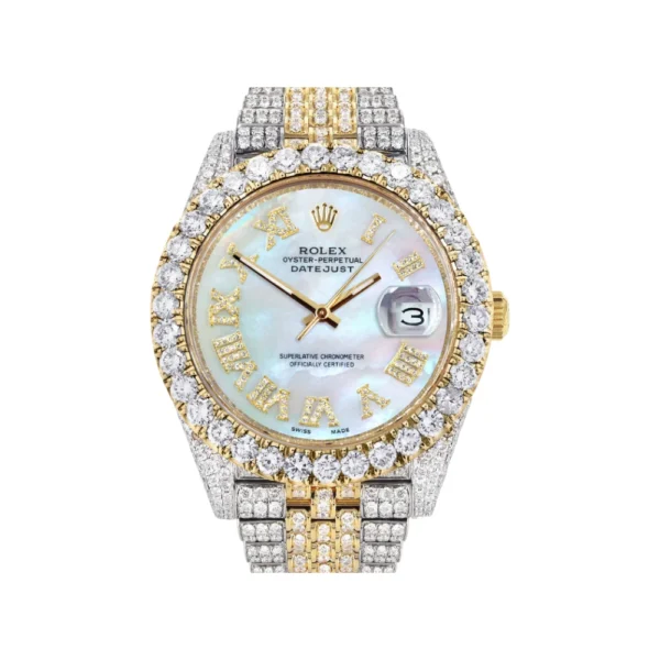 Diamond Iced Out Rolex Datejust 25 Carats Of Diamonds Mother of Pearl Dial Two Tone Jubilee Band Replica
