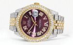 Diamond Iced Out Rolex Datejust 25 Carats Of Diamonds Purple Dial Two Tone Two Row Jubilee Band Replica