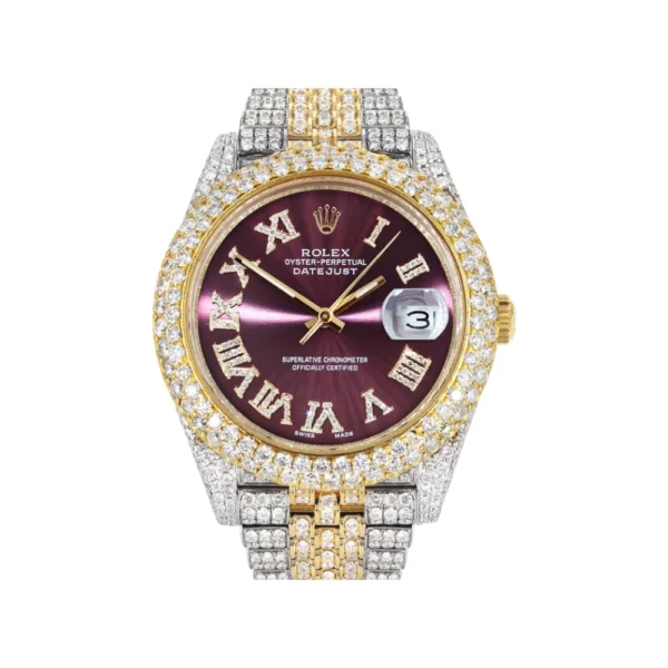 Diamond Iced Out Rolex Datejust 25 Carats Of Diamonds Purple Dial Two Tone Two Row Jubilee Band Replica