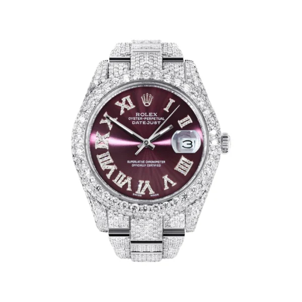 Diamond Iced Out Rolex Datejust 25 Carats Of Diamonds Purple Roman Numeral Dial Two Row Oyster Band Replica