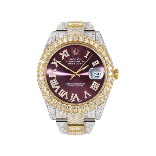 Diamond Iced Out Rolex Datejust 25 Carats Of Diamonds Purple Roman Numeral Dial Two Tone Two Row Oyster Band Replica