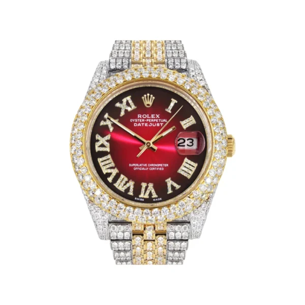 Diamond Iced Out Rolex Datejust 25 Carats Of Diamonds Red Black Dial Two Tone Two Row Jubilee Band Replica
