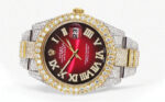 Diamond Iced Out Rolex Datejust 25 Carats Of Diamonds Red Black Roman Numeral Dial Two Tone Two Row Oyster Band Replica