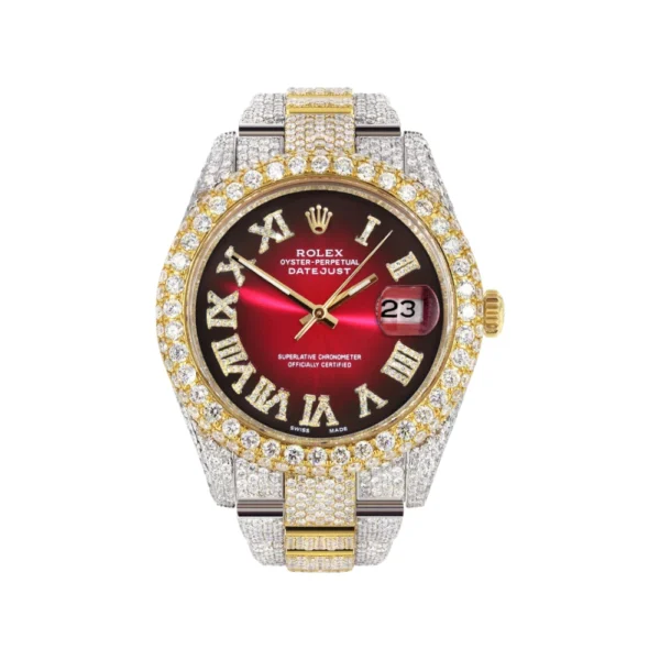 Diamond Iced Out Rolex Datejust 25 Carats Of Diamonds Red Black Roman Numeral Dial Two Tone Two Row Oyster Band Replica