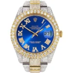 Diamond Iced Out Rolex Datejust25 Carats Of Diamonds Custom Blue Roman Numeral Diamond Dial Two Tone Two Row Oyster Band Replica