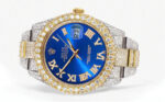 Diamond Iced Out Rolex Datejust25 Carats Of Diamonds Custom Blue Roman Numeral Diamond Dial Two Tone Two Row Oyster Band Replica