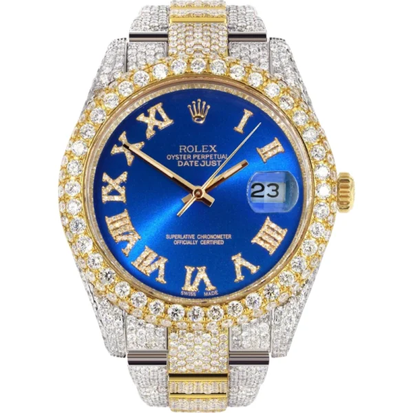 Diamond Iced Out Rolex Datejust25 Carats Of Diamonds Custom Blue Roman Numeral Diamond Dial Two Tone Two Row Oyster Band Replica