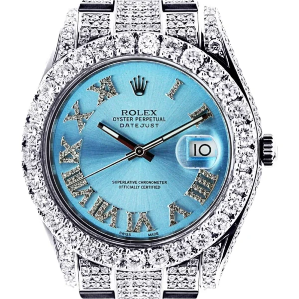 Diamond Rolex Datejust 2 Stainless Steel Custom Blue Roman Numeral Dial 41 MM 16.55 Carats Replica