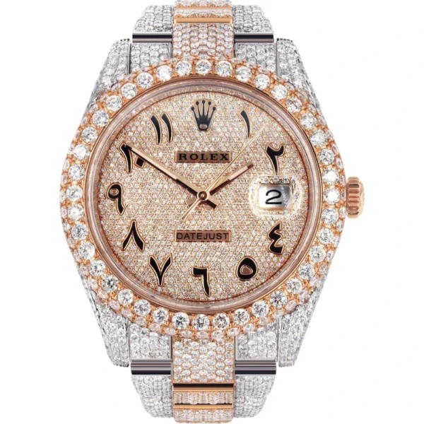Diamond Rose Gold Iced Out Rolex Datejust 41 25 Carats Of Diamonds Custom Full Diamond Arabic Dial Replica