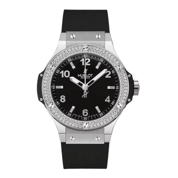 Hublot Big Bang Black Dial Diamond Bezel Black Rubber Ladies Watch Replica