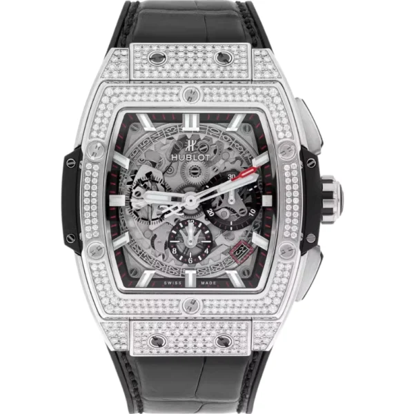 Hublot Big Bang Spirit of Titanium Pave 42mm Watch Skeleton Dial, Black Leather Strap Replica